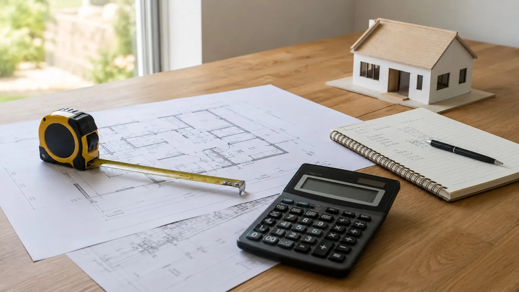 Planuri de casă, calculator și ruletă folosite pentru estimarea bugetului de construcție