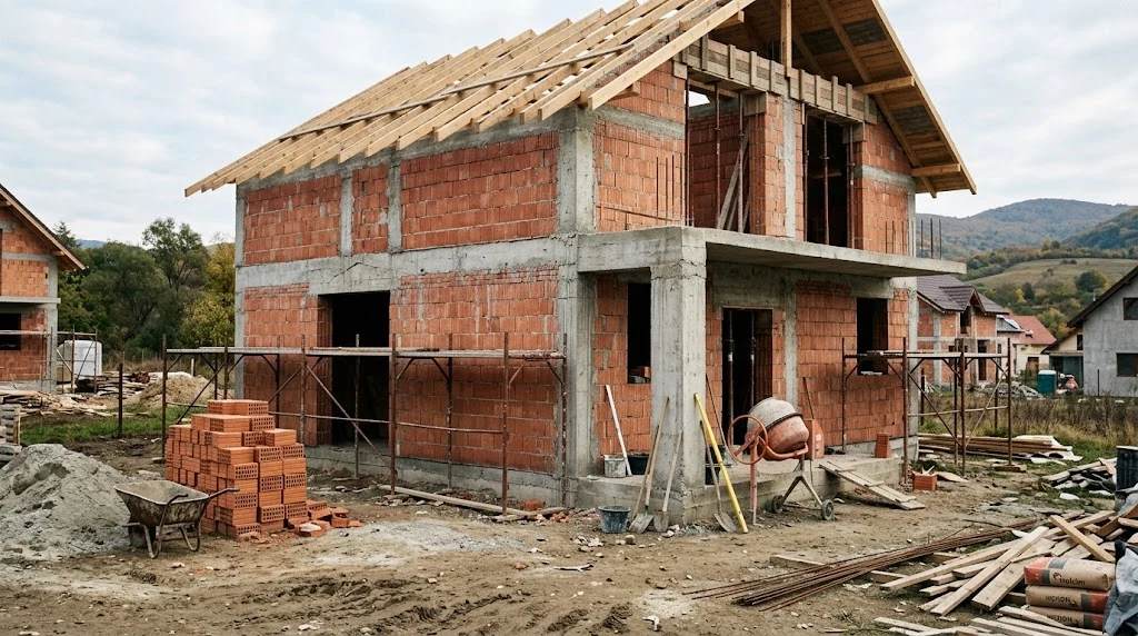 Casă la roșu în construcție, cu zidărie și elemente structurale vizibile