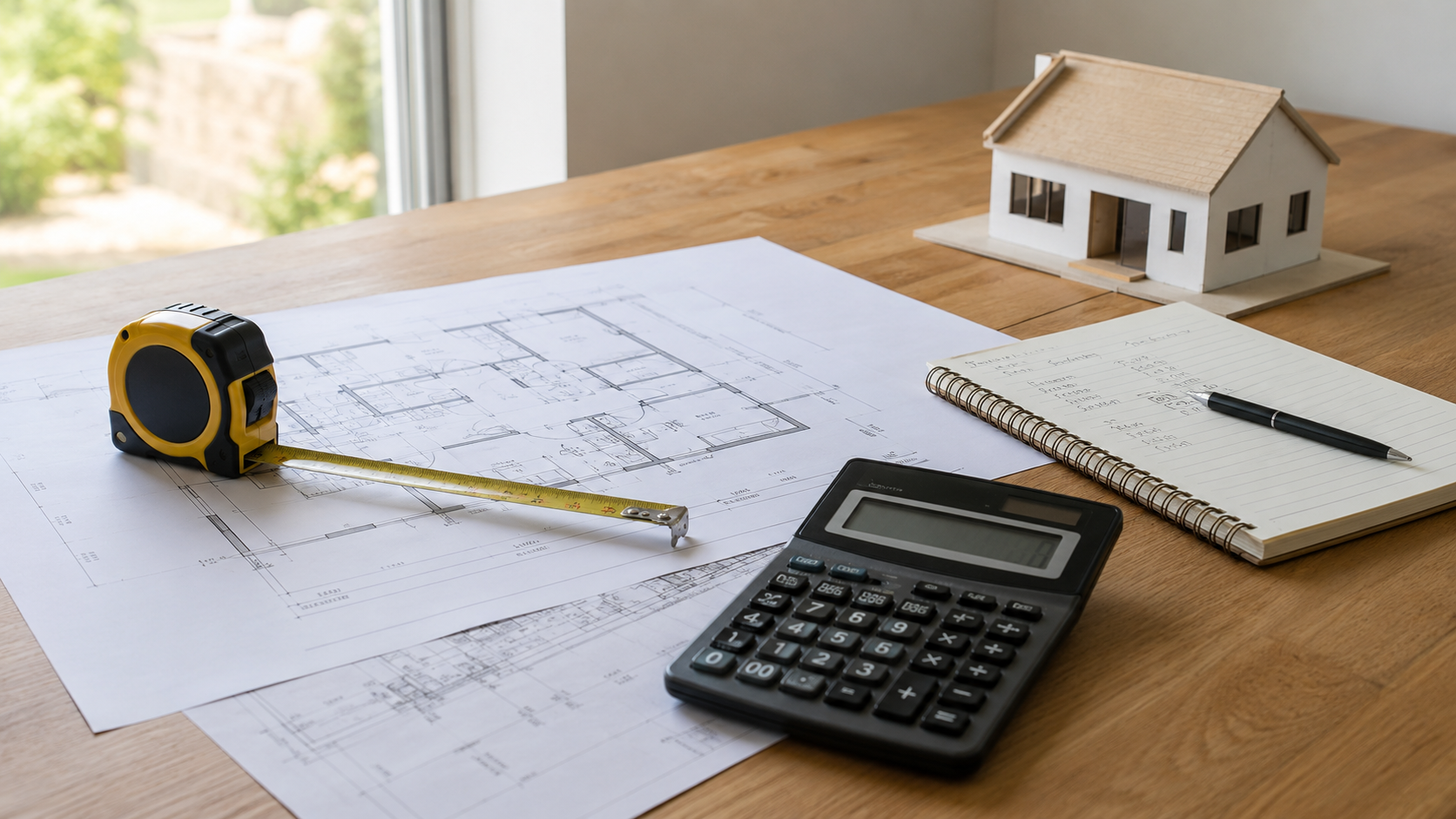 Planuri de casă, calculator și ruletă folosite pentru estimarea bugetului de construcție