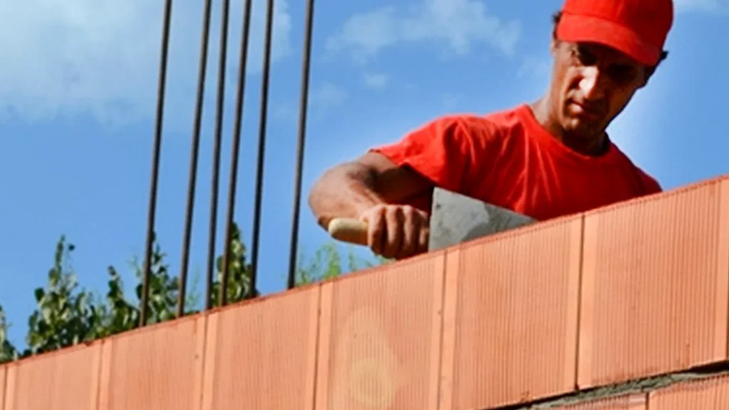 Muncitor care aplică mortar la zidăria realizată din blocuri ceramice Porotherm, în timpul execuției peretelui.