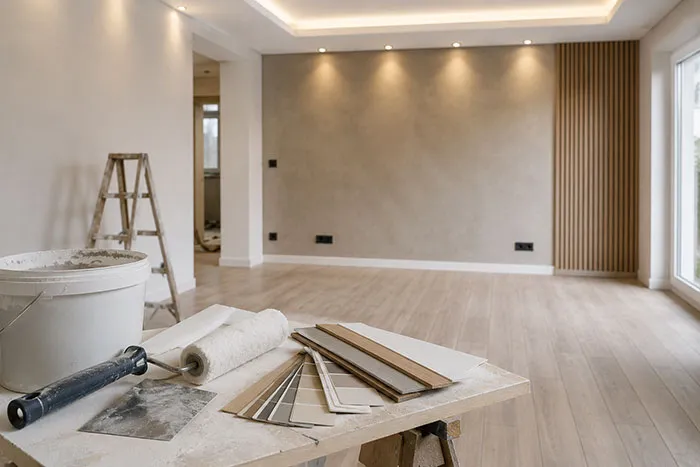 Interior în curs de finisare, cu pardoseală, pereți și materiale pentru renovare