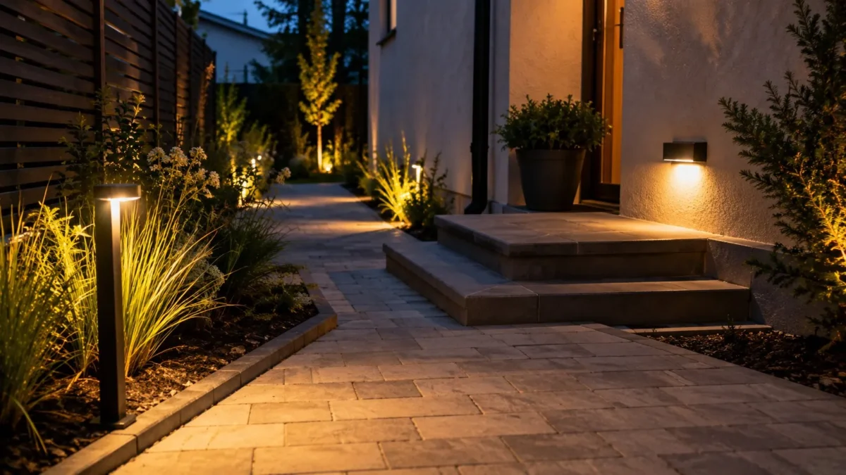 Alee exterioară iluminată cu corpuri de iluminat pentru grădină