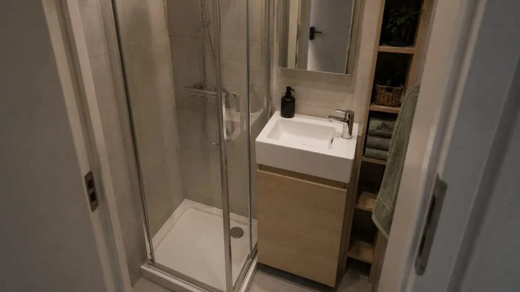 Baie mică renovată, cu cabină de duș, lavoar și spații de depozitare