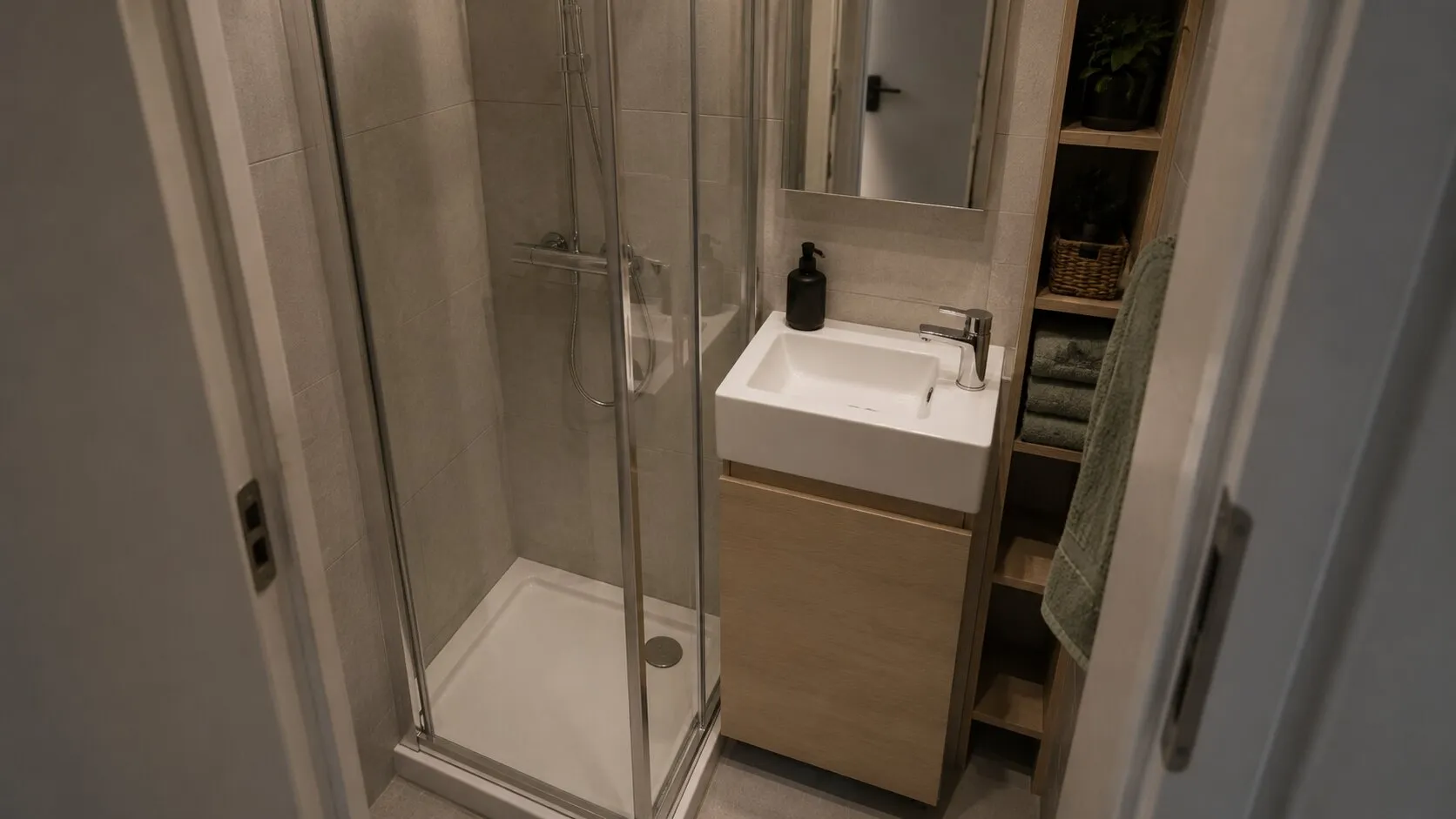 Baie mică renovată, cu cabină de duș, lavoar și spații de depozitare