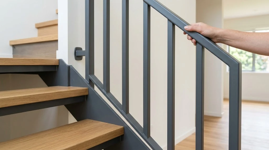 Balustradă metalică interioară vopsită uniform, lângă trepte din lemn
