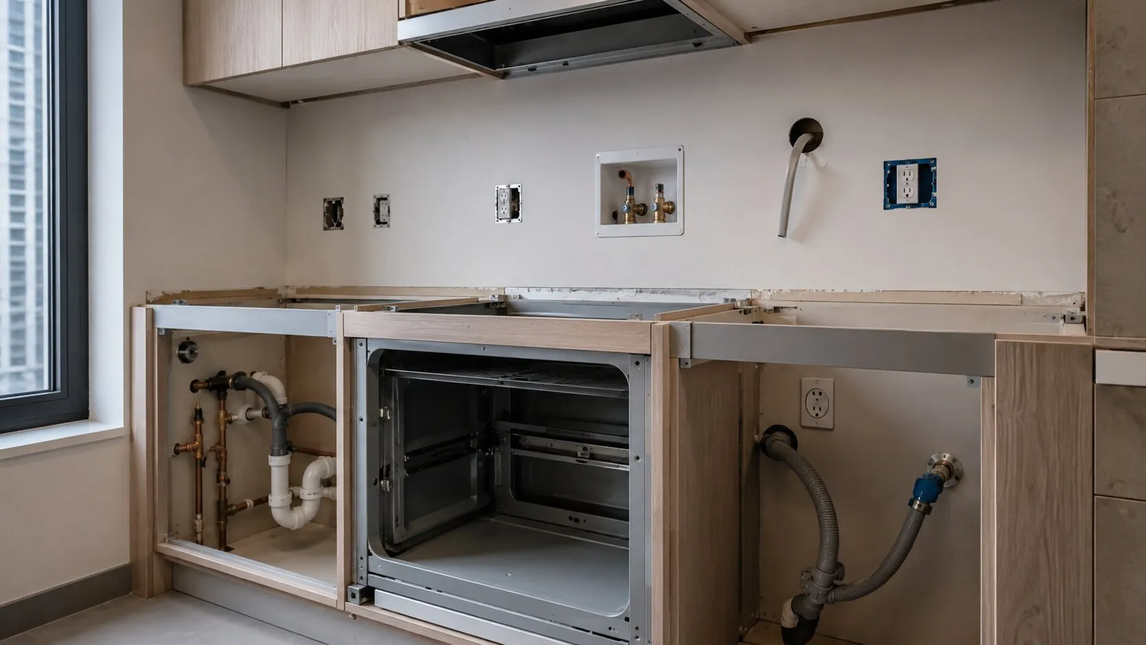 Corpuri de bucătărie în montaj, cu instalații sanitare și electrice pregătite