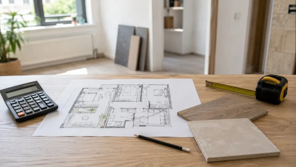 Plan de apartament cu calculator, ruletă și mostre de finisaje pentru estimarea bugetului de renovare