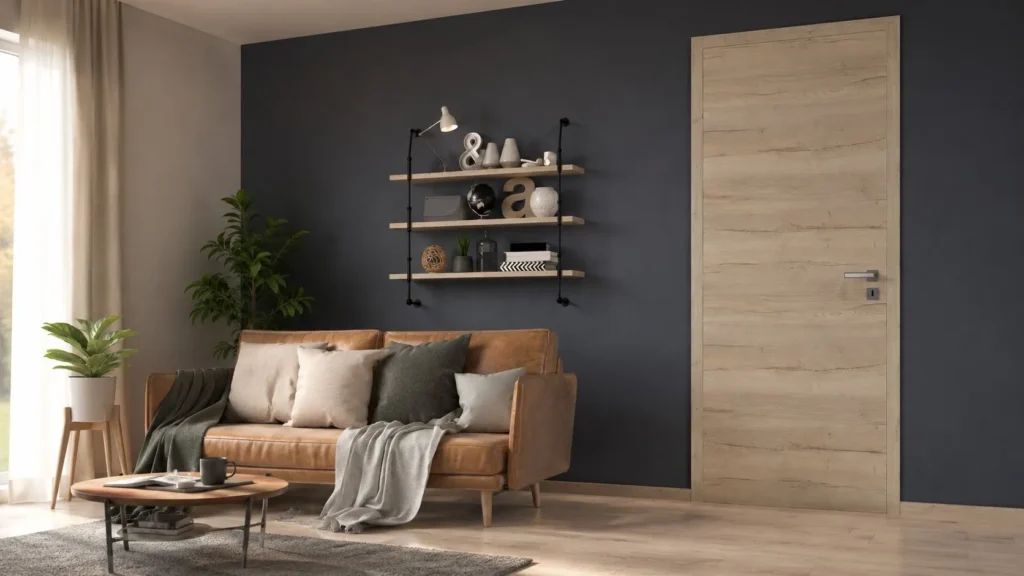 Ușă de interior din lemn deschis integrată într-un living modern