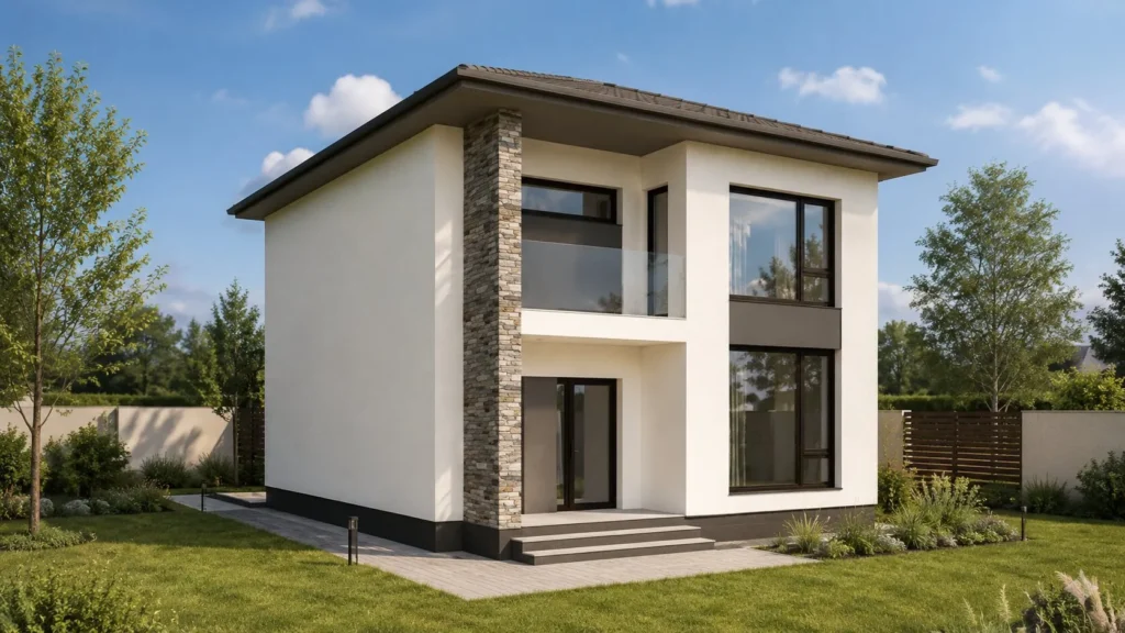 Proiect de casă modernă cu etaj și fațadă luminoasă