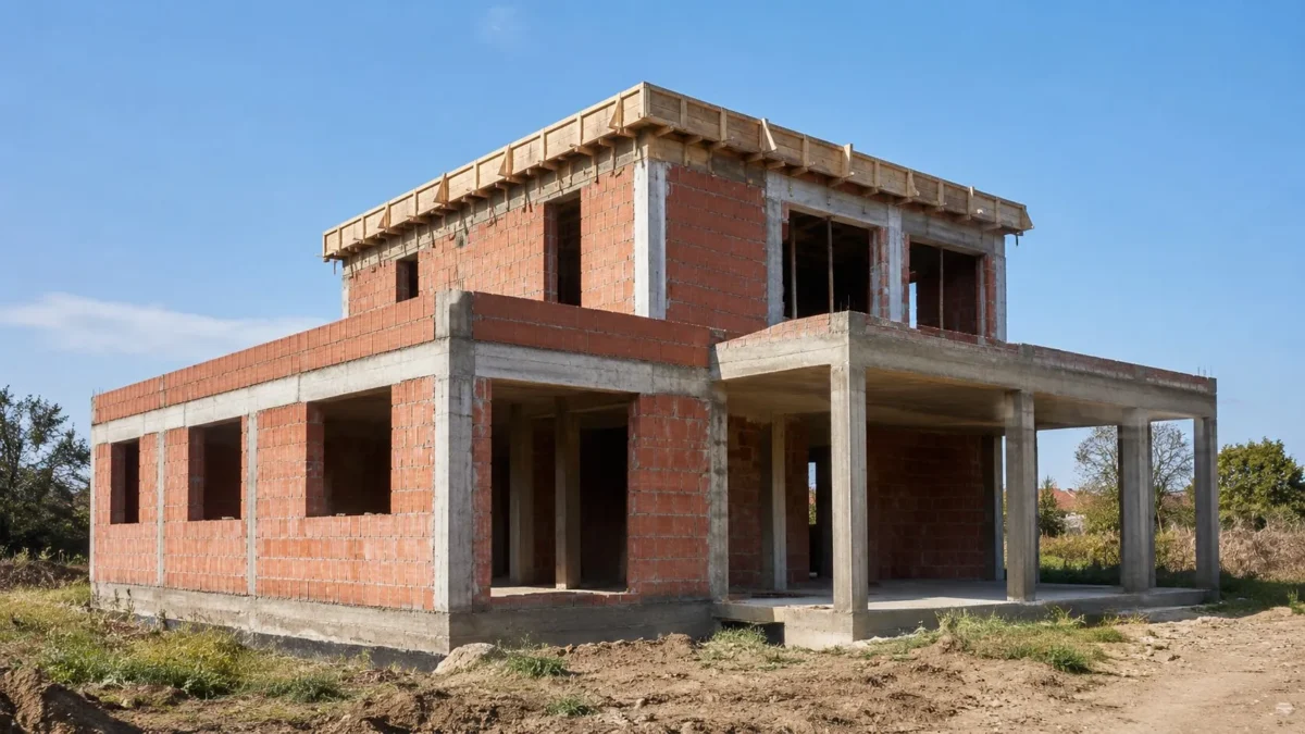 Casă la roșu în construcție cu zidărie și structură din beton