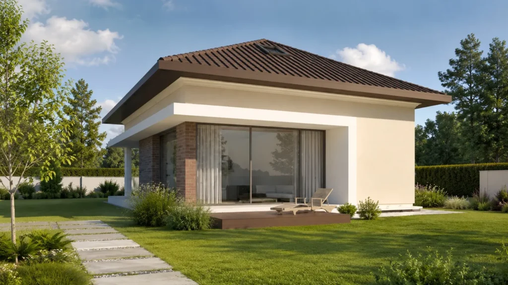 Proiect de casă mansardată cu acoperiș înalt și panouri fotovoltaice