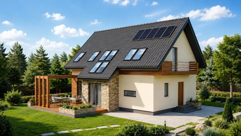 Proiect de casă eficientă energetic cu ferestre de mansardă și panouri solare