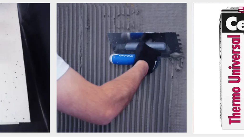 Aplicarea mortarului Ceresit Thermo Universal pe placa termoizolantă și realizarea stratului suport cu gletiera dințată.
