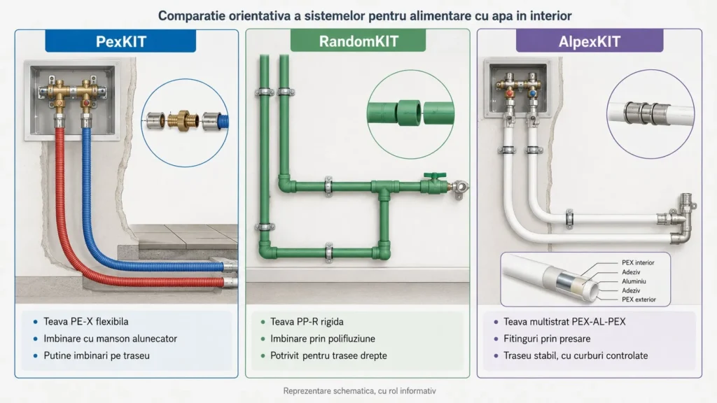 Comparatie intre sistemele Valrom PexKIT, RandomKIT si AlpexKIT pentru alimentare cu apa