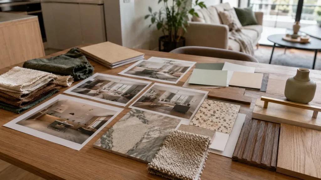 Moodboard pentru amenajare interioară, cu mostre de materiale, culori și texturi