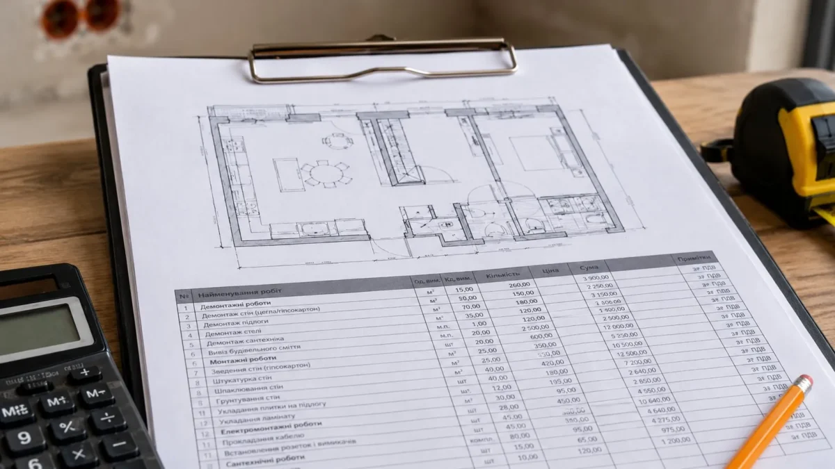 Deviz de renovare cu plan de apartament, calculator și ruletă pe masa de lucru