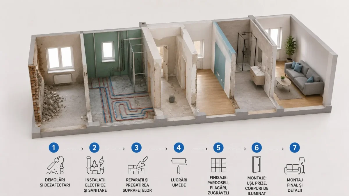 Etapele unei renovări de apartament, de la demolări și instalații până la finisaje și montaj final