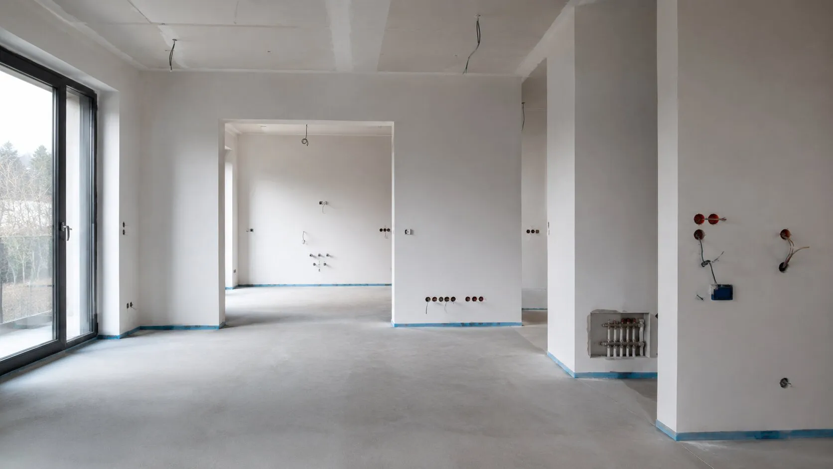 Interior de casă în lucru cu instalații pregătite pentru finisaje