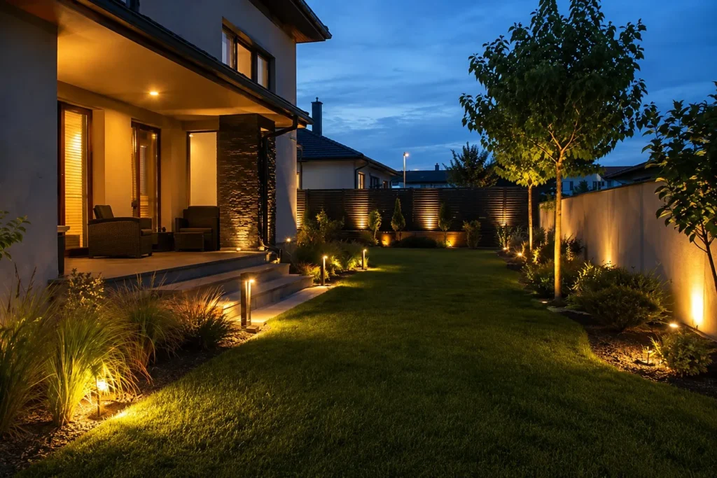 Grădină cu alei și vegetație iluminate discret seara
