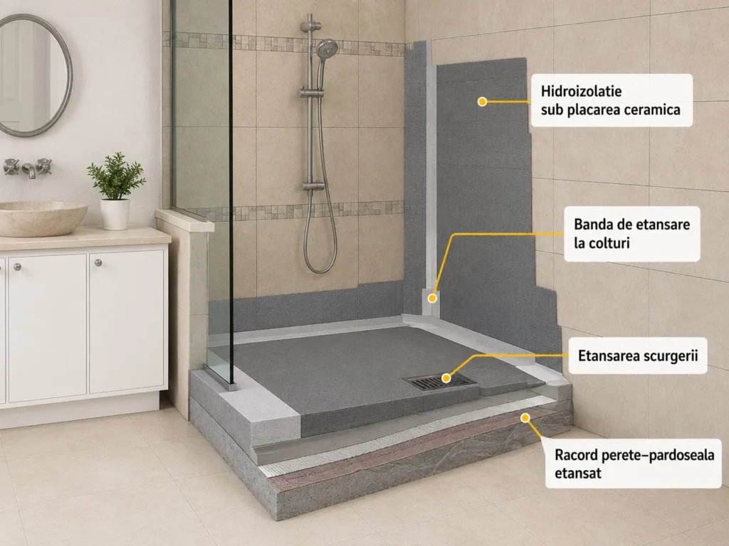Schema hidroizolației în baie, cu etanșarea zonei de duș, scurgerii și colțurilor