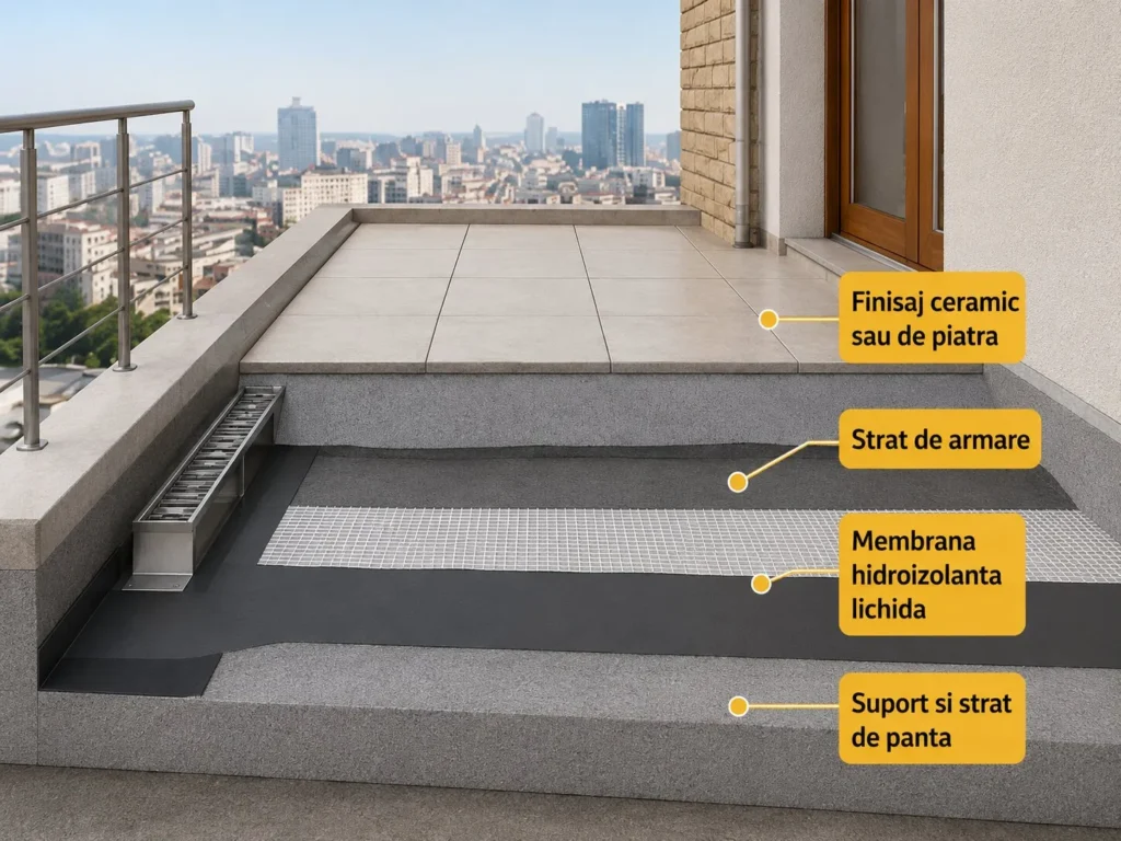 Schema hidroizolației pentru terasă sau balcon cu membrană lichidă și strat de armare