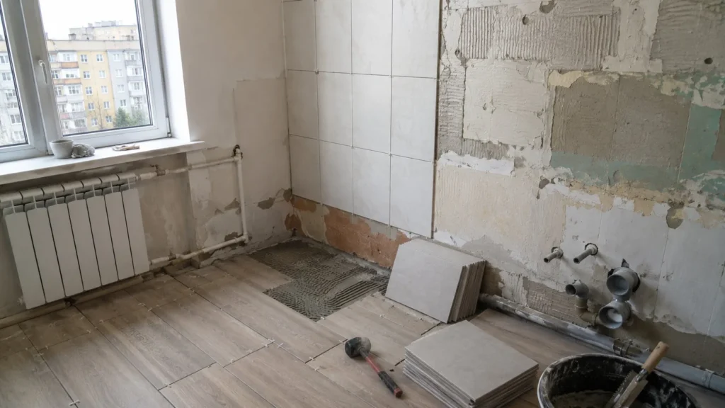 Înlocuire gresie și faianță într-o bucătărie aflată în renovare