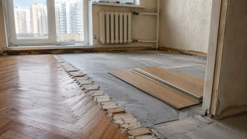 Înlocuire parchet într-un apartament aflat în renovare