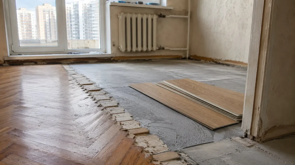 Înlocuire parchet într-un apartament aflat în renovare