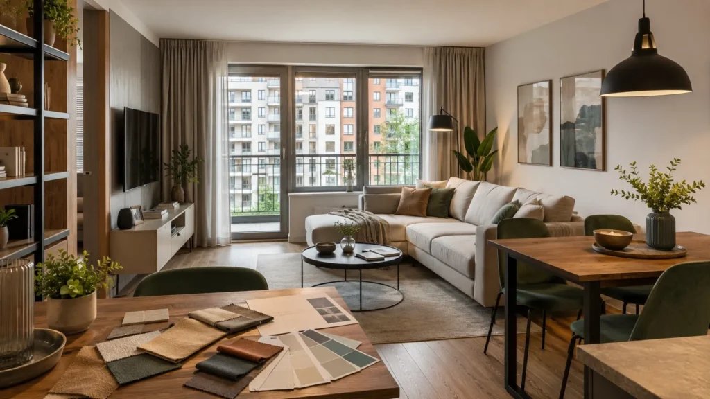 Living luminos amenajat într-un apartament de bloc, cu zonă de dining și balcon