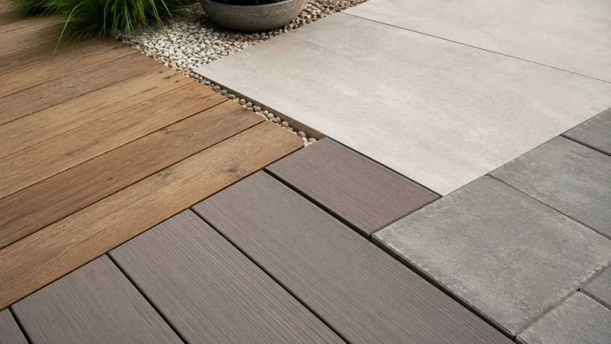 Materiale pentru terase exterioare din lemn, deck compozit și plăci ceramice