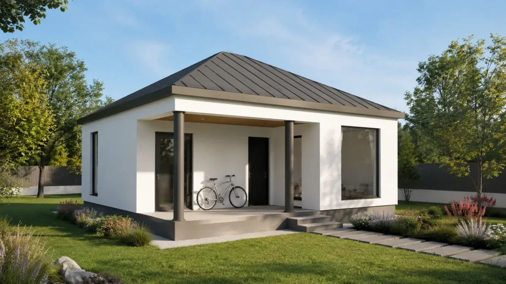 Proiect de casă mică de vacanță cu terasă acoperită