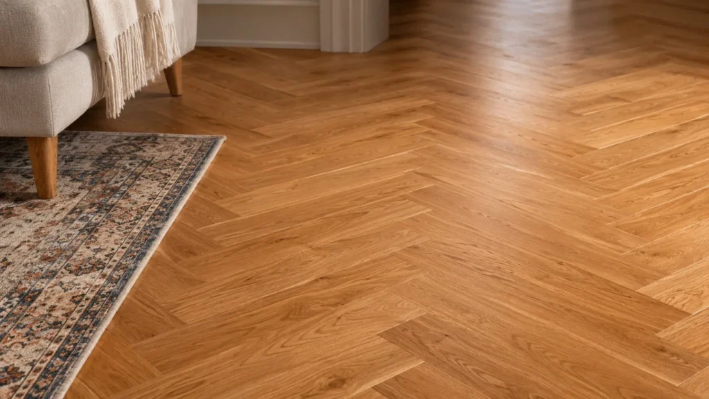 Detaliu de pardoseală din parchet montat în model herringbone