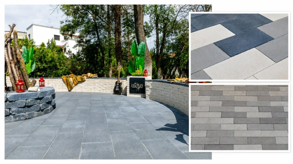 Curte pavată cu dale gri și zone verzi amenajate în jurul casei