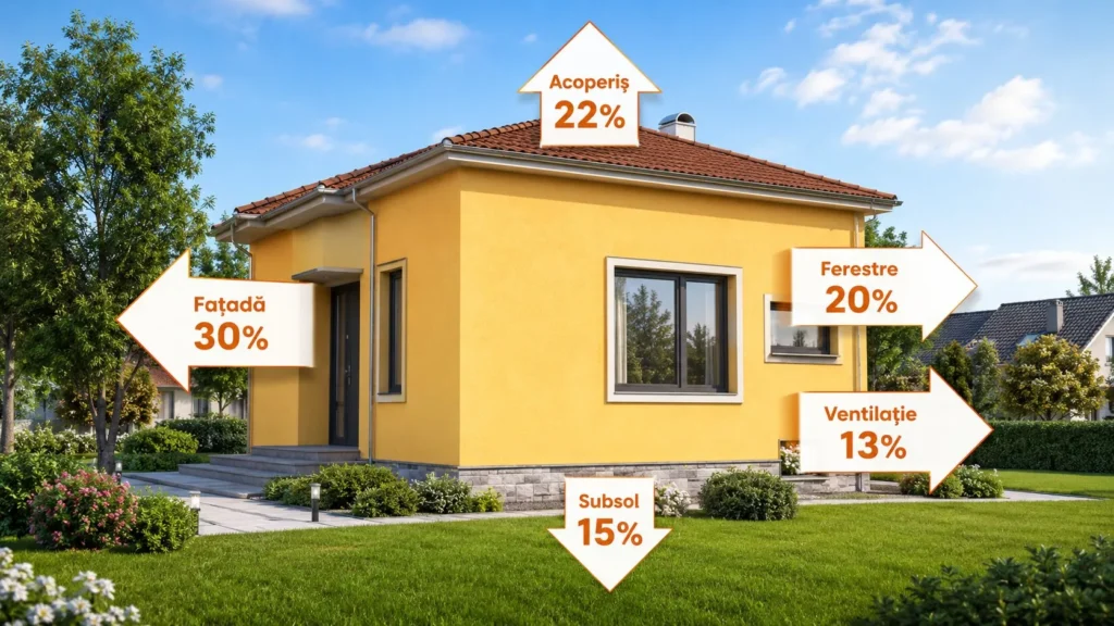 Pierderi de căldură prin fațadă, acoperiș, ferestre și subsol