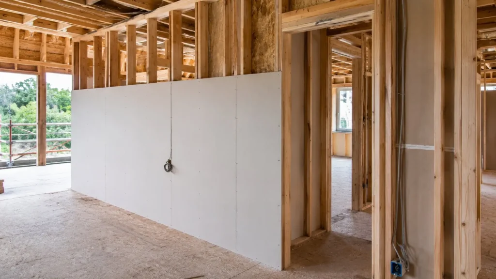 Plăci de gips-carton montate pe structură de lemn într-o casă în construcție