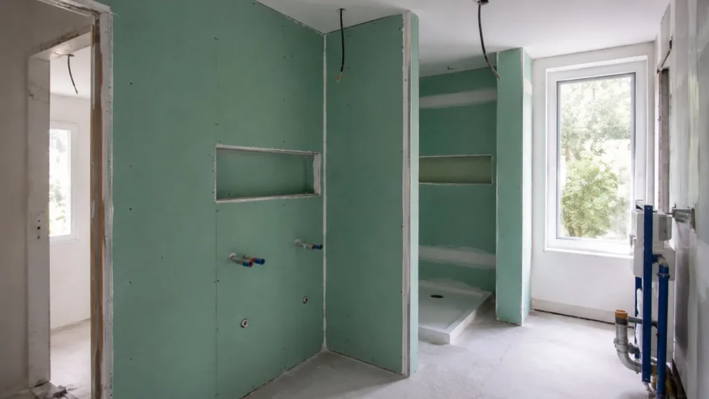 Plăci de gips-carton verde montate într-o baie aflată în lucru