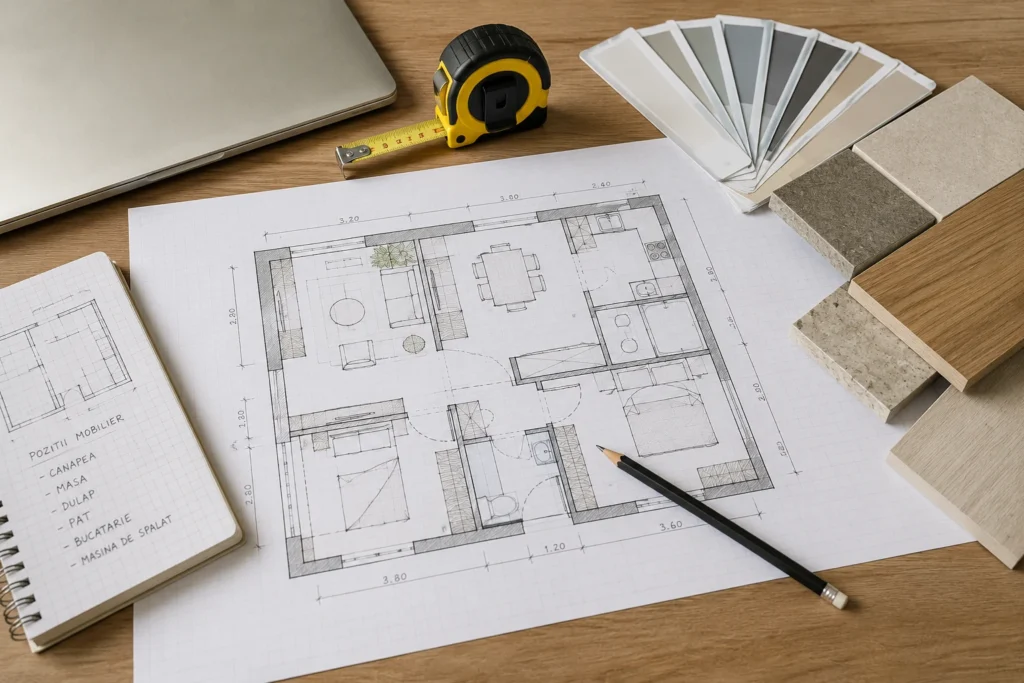 Plan de amenajare și mostre de finisaje folosite pentru organizarea renovării unui apartament