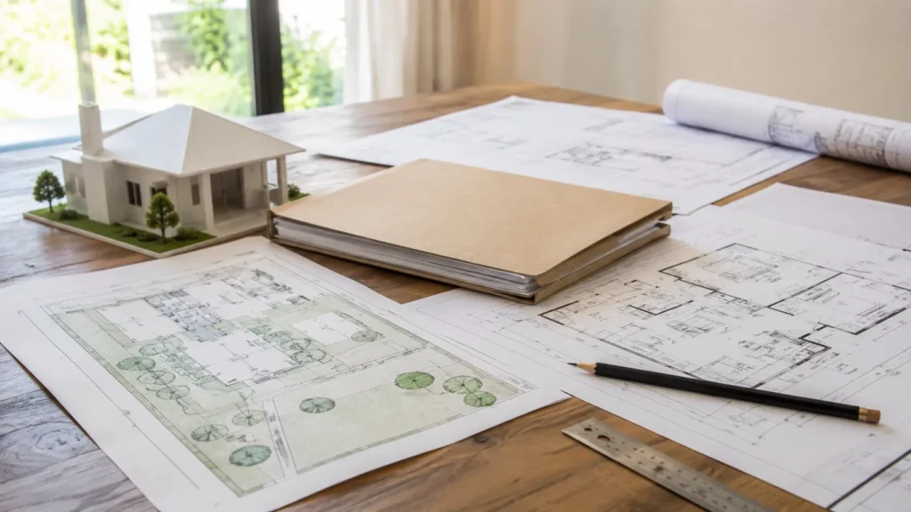 Proiect de construcție pentru casă cu planuri și machetă