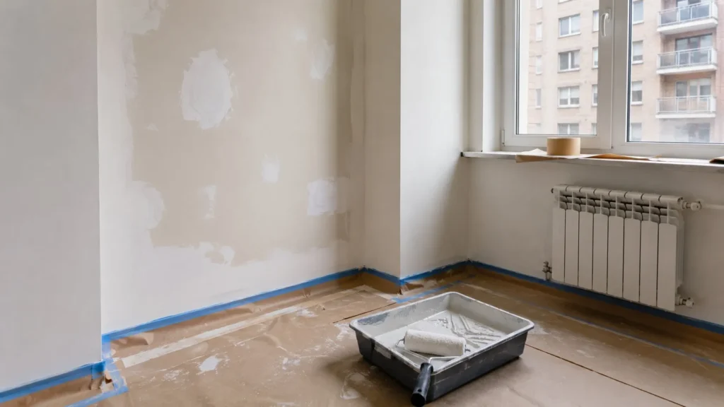 Perete reparat și pregătit pentru refacerea zugrăvelii într-un apartament