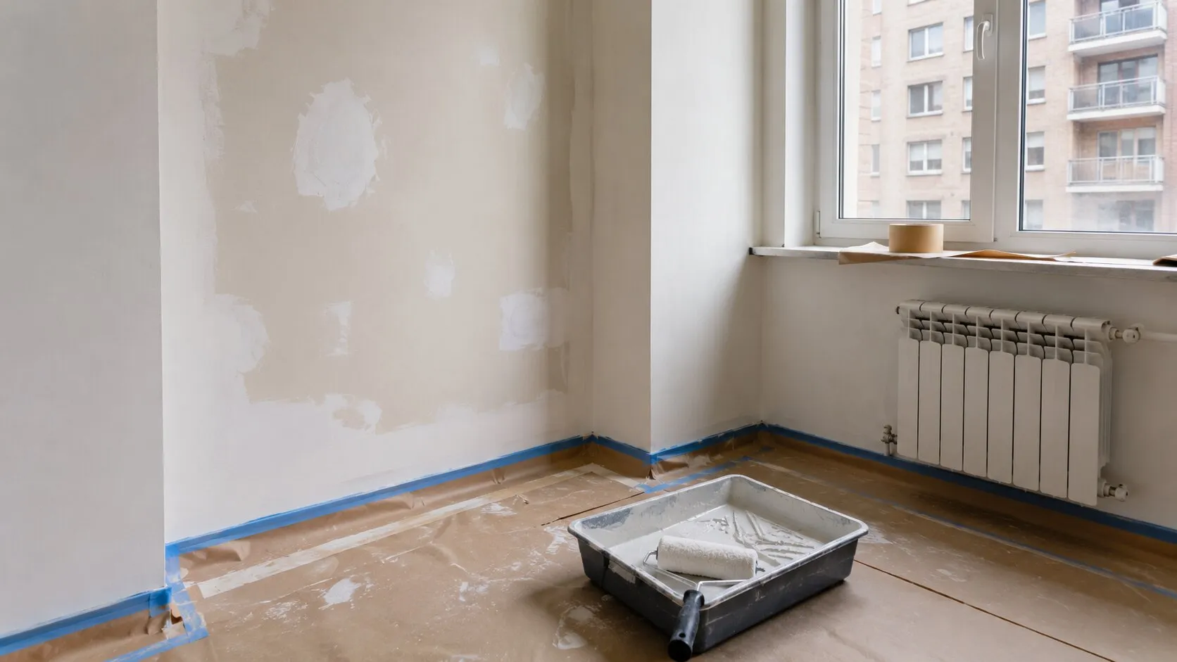 Perete reparat și pregătit pentru refacerea zugrăvelii într-un apartament
