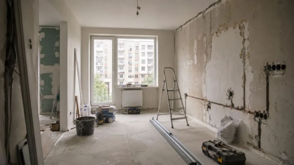 Apartament aflat în renovare, cu pereți decopertați, instalații pregătite și materiale de lucru