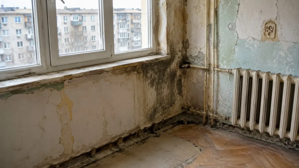 Apartament vechi înainte de renovare, cu pereți degradați și zone afectate de umezeală