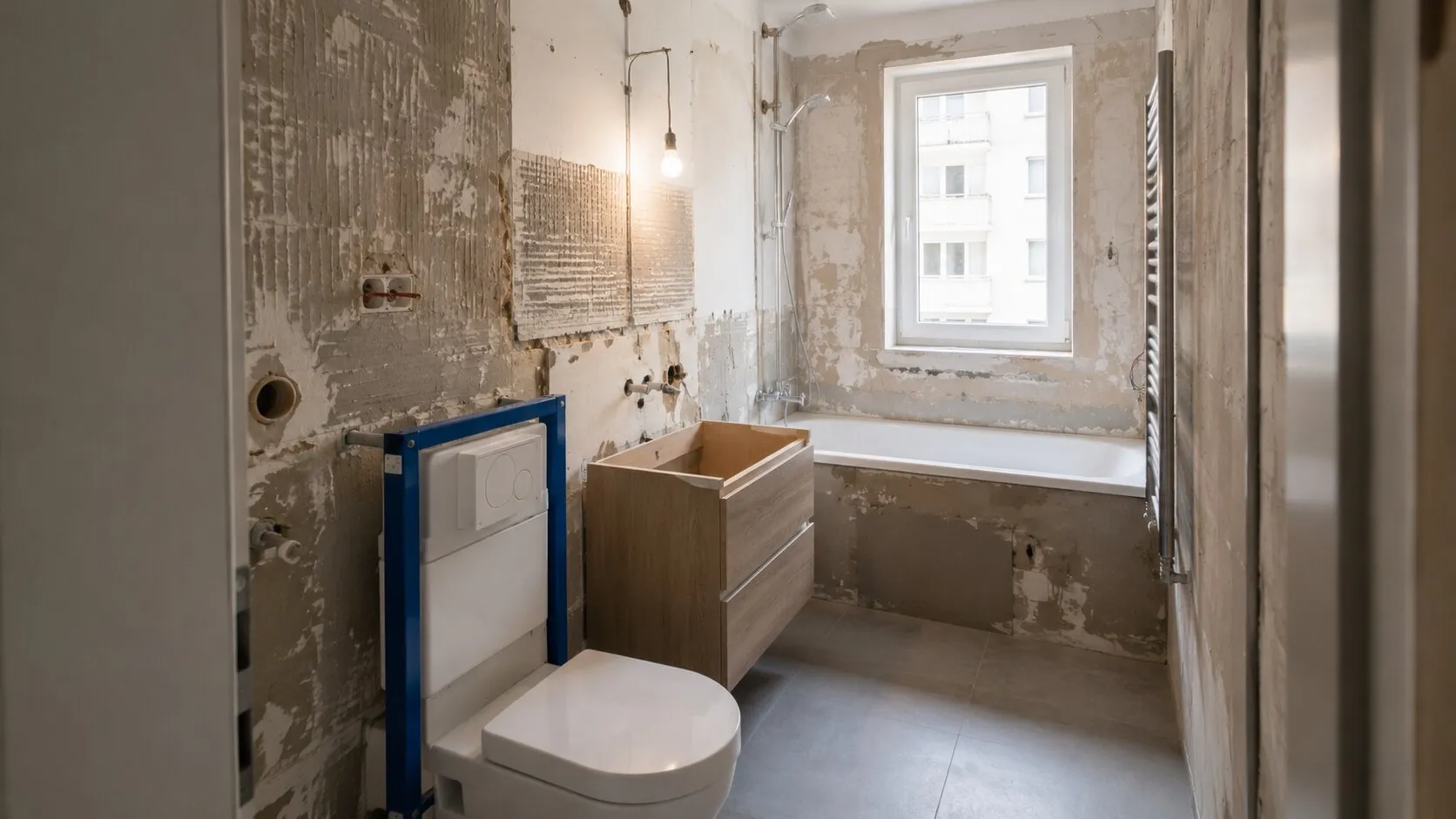 Baie aflată în renovare, cu instalații sanitare și obiecte montate înainte de finisaje