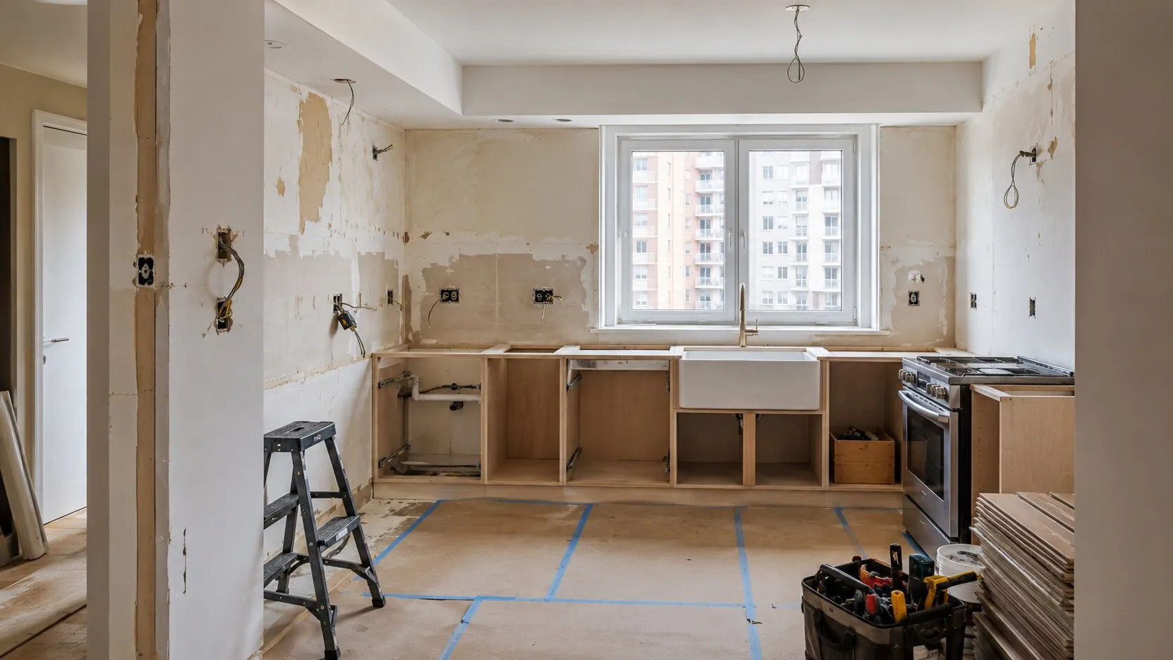 Bucătărie aflată în renovare, cu mobilier în montaj și instalații pregătite