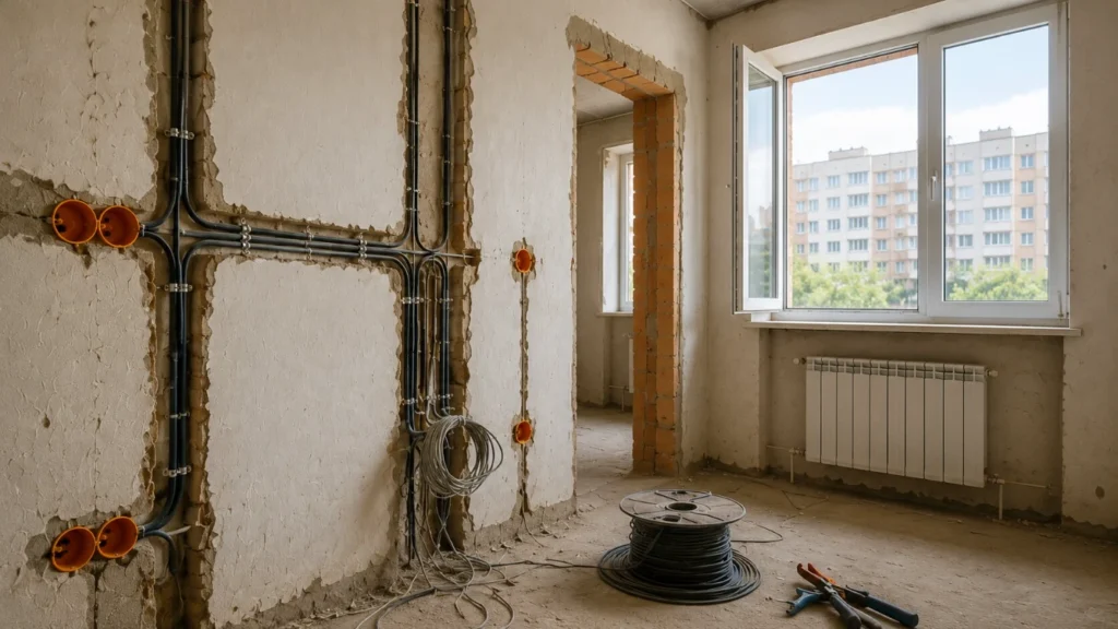 Instalație electrică refăcută în pereții unui apartament aflat în renovare