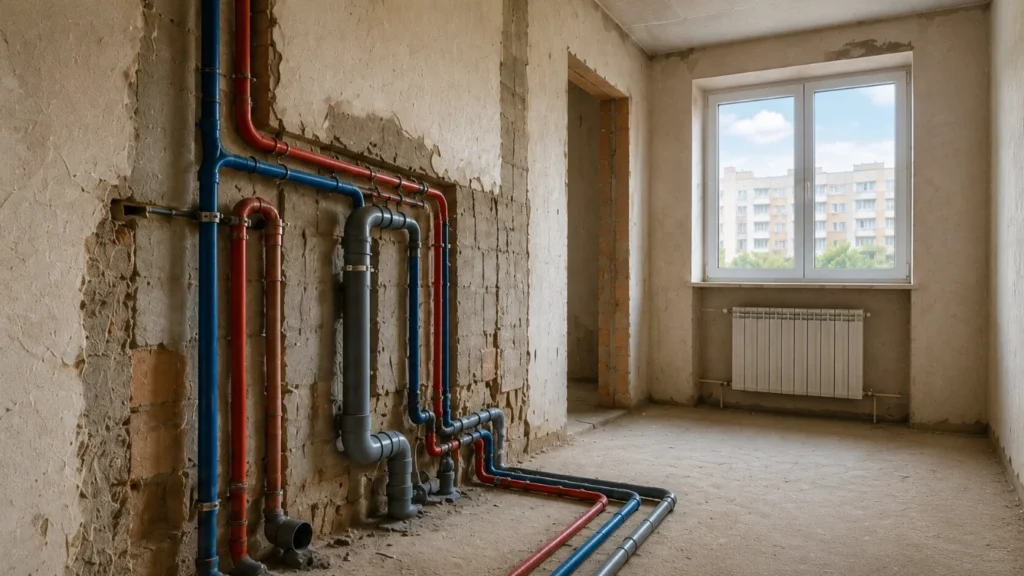 Instalații sanitare refăcute într-un apartament aflat în renovare