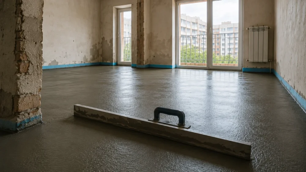 Șapă proaspăt turnată într-un apartament aflat în renovare