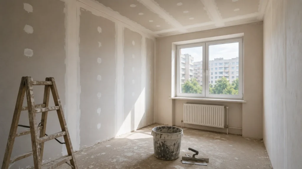 Pereți și tavan pregătiți pentru finisare într-un apartament aflat în renovare