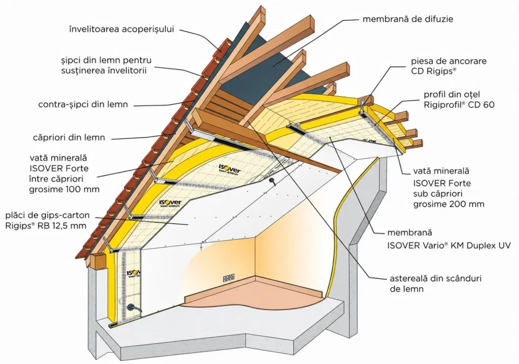 Schema unui acoperiș izolat cu vată minerală Isover