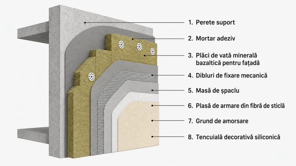 Schemă explicativă a unui termosistem exterior cu vată bazaltică